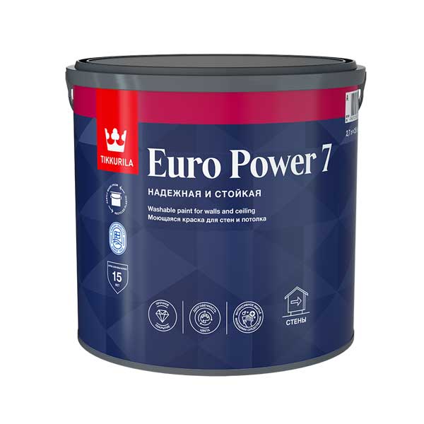 Краска в/д Tikkurila Euro Power 7 моющаяся белая основа А 2.7 л картинка Краска в/д Tikkurila Euro