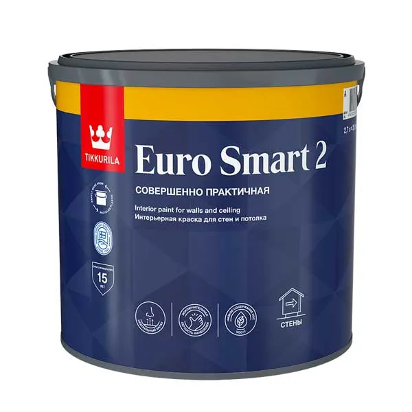 Краска в/д интерьерная Tikkurila Euro Smart 2 белая основа А 2.7 л картинка Краска в/д интерьерная Tikkurila
