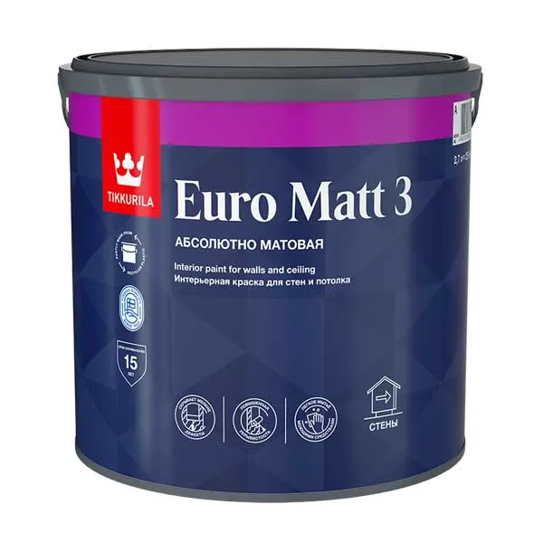 Краска в/д интерьерная Tikkurila EURO MATT 3 белая основа А 2.7 л картинка Краска в/д интерьерная Tikkurila