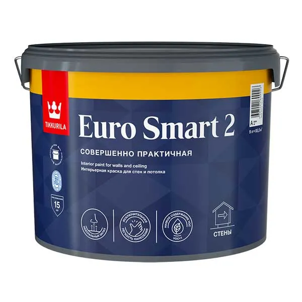 Краска в/д интерьерная Tikkurila Euro Smart 2 белая основа А 9 л картинка Краска в/д интерьерная Tikkurila